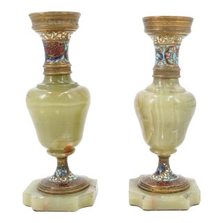 Antique Late 19th Century French Napoleon III Onyx & Champleve Candle Holders - a Pair For Sale