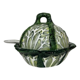 Vintage Hand Painted Cabbage Soup Tureen With Ladle For Sale