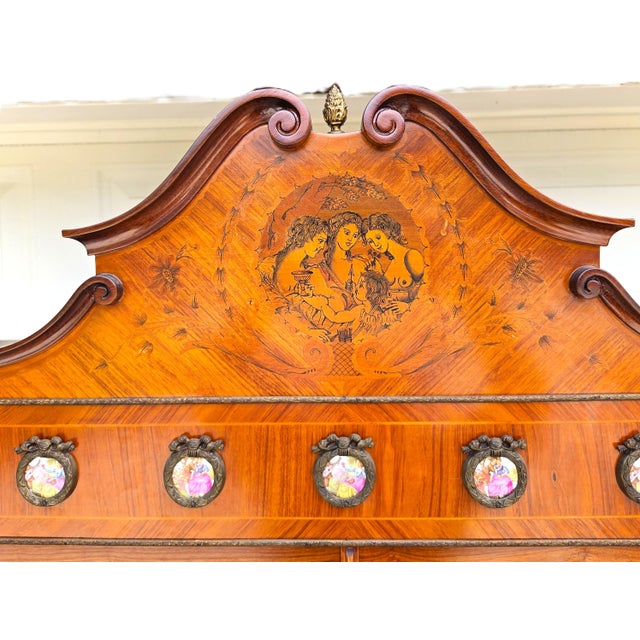 Mid 20th Century French Louis XV Marquetry Display Cabinet Figural Mounts Porcelain Medallions For Sale - Image 5 of 18