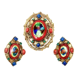 Vintage Hattie Carnegie Enamel Rhinestone Glass Pin Or Pendant & Earrings - Set of 3