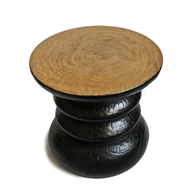 Contemporary Black & Tan Solid Wood Ribbed Side Table/Stool For Sale - Image 3 of 9