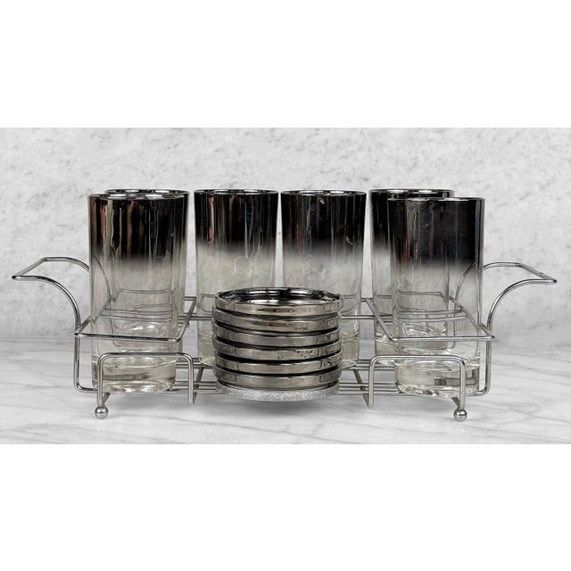 1980s Mid-Century Chrome Silver Fade Tall Liquor Glass & Coaster Bar Serving Set - 13 pcs For Sale - Image 4 of 13