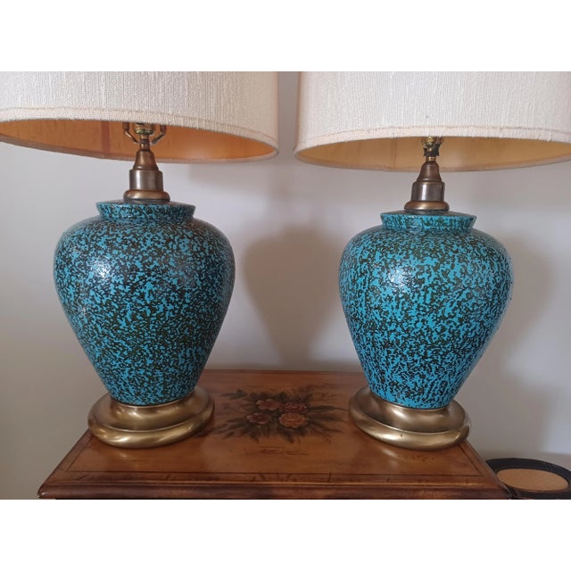 Mid-Century Modern Large Glazed Ceramic Table Lamps With Original Shades - a Pair For Sale - Image 3 of 13
