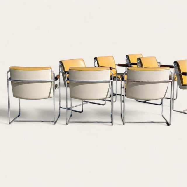 Wood Set of Eight Krueger Afka Mustard Vinyl, Walnut & Chrome Armchairs, C. 1969 For Sale - Image 7 of 10