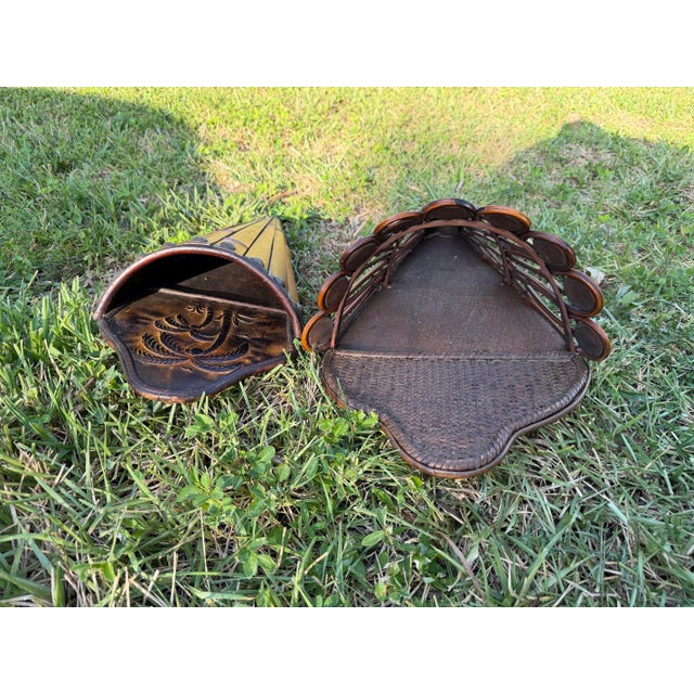 Vintage Sculptural Rattan and Bamboo Wall Pockets, a Coordinated Pair For Sale - Image 9 of 11