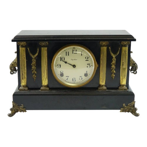 Early 20th Century Antique Mantel Clock Ingraham With Marble Bronze