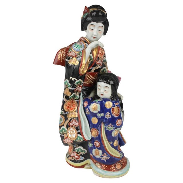 Antique Meiji Japanese Enamelled Kutani Porcelain Bijin and Child Figure For Sale - Image 10 of 10