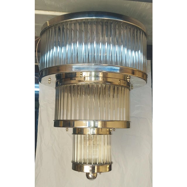 Art Deco Skyscraper Vintage 1940s Ceiling Hanging Chandelier Fixture Three Tier Nickel Brass & Glass Rod Ship 12 Light For Sale - Image 3 of 5
