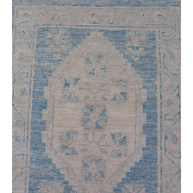 Oushak Modern Runner With Medallion Design in Shades of Blue and Cream For Sale In Atlanta - Image 6 of 9