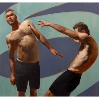6 and Two by Zack Zdrale | Oil on Panel Male figures in dynamic poses against a blue background. For Sale