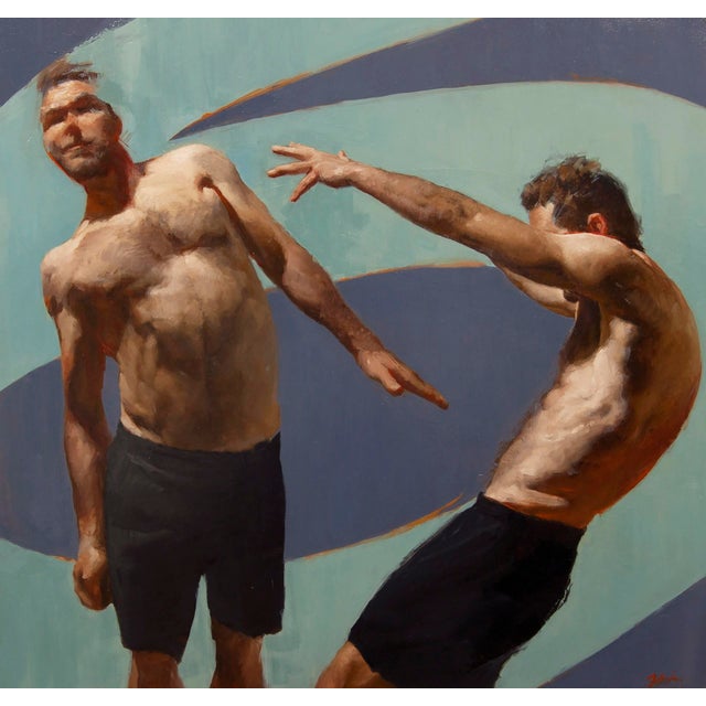 6 and Two by Zack Zdrale | Oil on Panel Male figures in dynamic poses against a blue background. For Sale