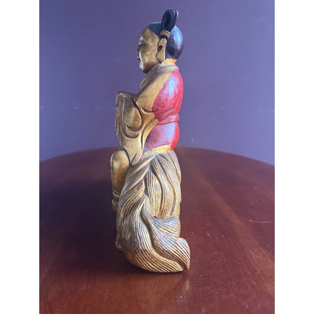 Chinese Carved Wooden Quan Yin or Ancestor Figure on Foo Dog Incense Holder. Beautiful Carving Sang De Bouef Undertones With Gold Overlay. For Sale - Image 4 of 10