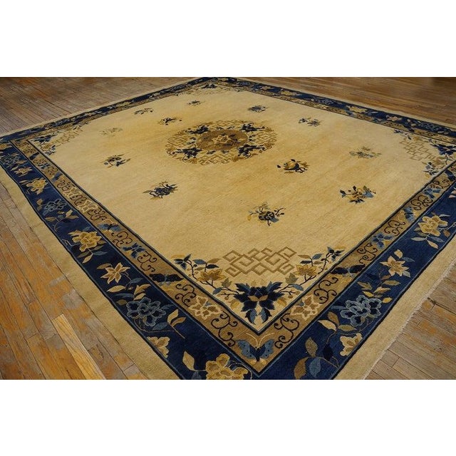 Beige 1920s Beige Field Antique Chinese Peking Floral Medallion Oriental Wool Rug For Sale - Image 8 of 11