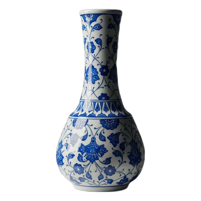 Handmade Ceramic “Gonca” Vase (25cm) – Classic Blue & White Floral Pattern – Traditional Ottoman Home Decor For Sale