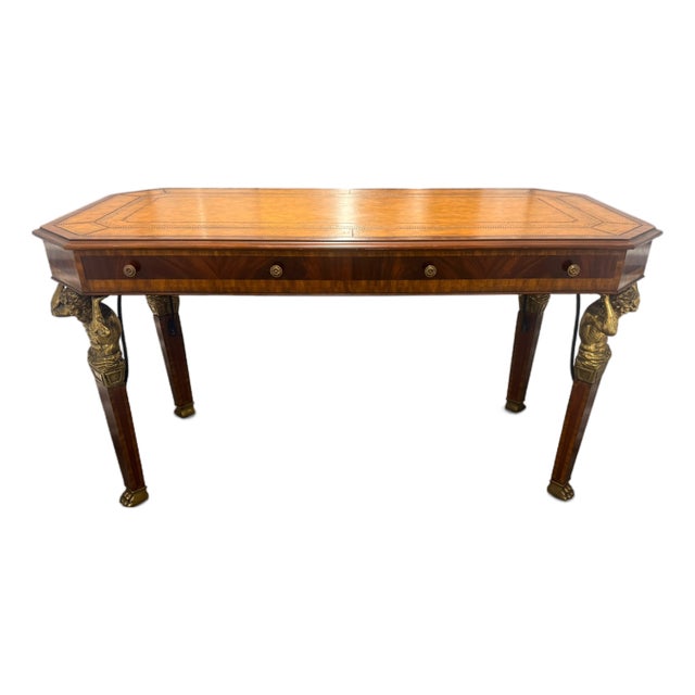 Vintage Maitland-Smith Neoclassical Tooled Leather & Brass Figural Writing Desk For Sale