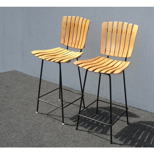 Mid-Century Modern Vintage Mid Century Modern Wood Slats Counter Stool Height ~ Barstools For Sale - Image 3 of 13