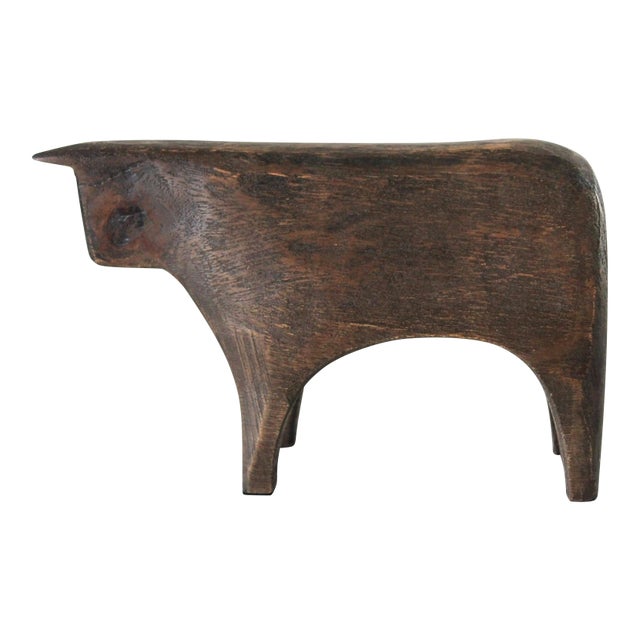Hand Carved Crate and Barrel Brown Wood Bull Figurine Sculpture For Sale
