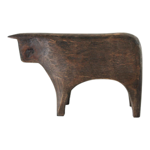 Hand Carved Crate and Barrel Brown Wood Bull Figurine Sculpture