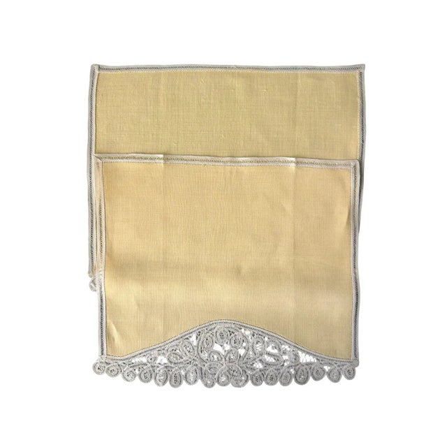Textile Vintage Canary Yellow Linen Guest Towels with Filet Lace Fingertip Towels, Colored European Trousseau Linen - a Pair For Sale - Image 7 of 9