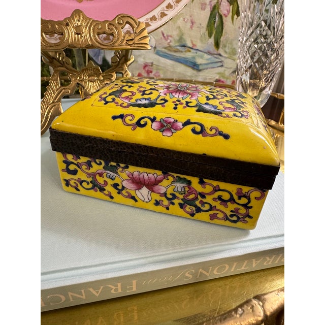 Metal Chinoiserie Yellow Famille Rose Porcelain Lidded Box With Hand-Painted Florals and Metal Mount For Sale - Image 7 of 18