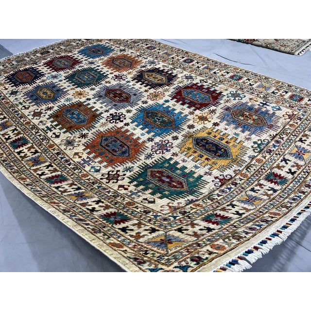 Ivory & Blue Afghan Sultani Natural Dye Wool Rug, Tribal Geometric ...