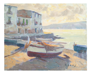 R. Sans, Post-Impressionist Boats on the Shore, Catalonia, 1980s, Oil on Canvas