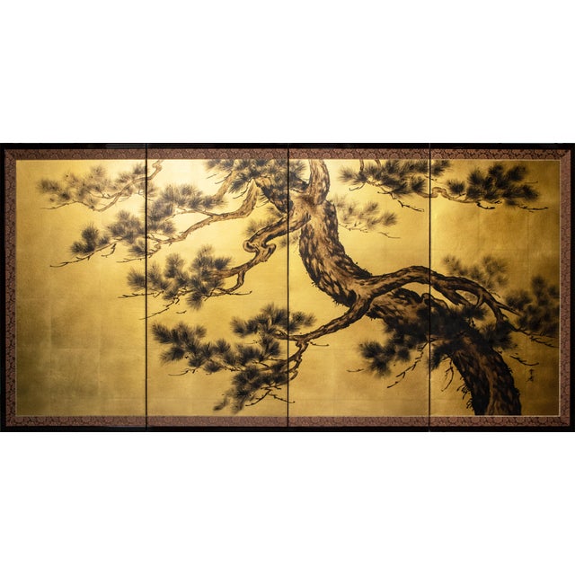 "Pine Tree" by Yukika, Late Showa Era Japanese Painted Byobu Screen For Sale - Image 18 of 18