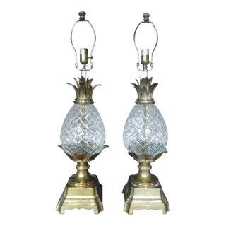 20th Century Hollywood Regency High End Brass & Cut Crystal Pineapple Lamps - a Pair For Sale