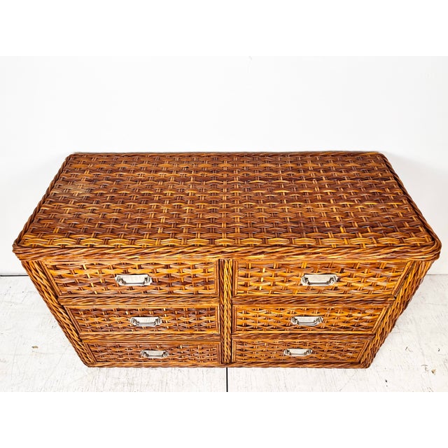 Vintage Woven Rattan Wicker Campaign Dresser For Sale - Image 4 of 12