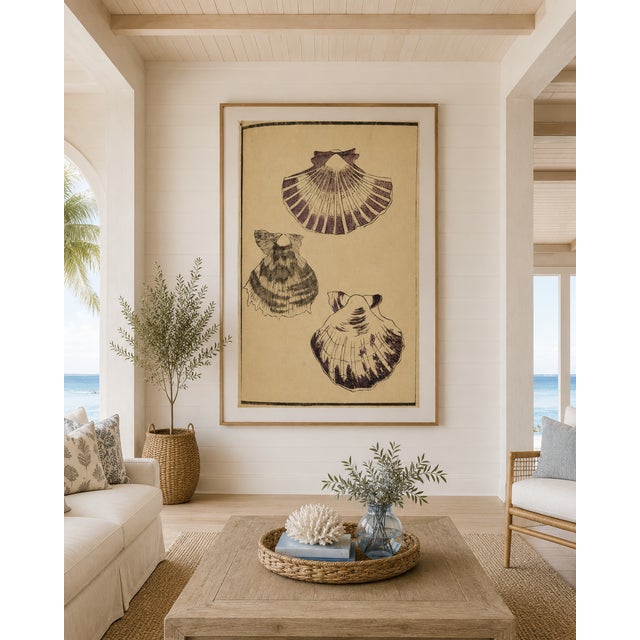 Brown Vintage Japanese Scallop Shells, Woodblock Print Reproduction, 24" X 36" For Sale - Image 8 of 11