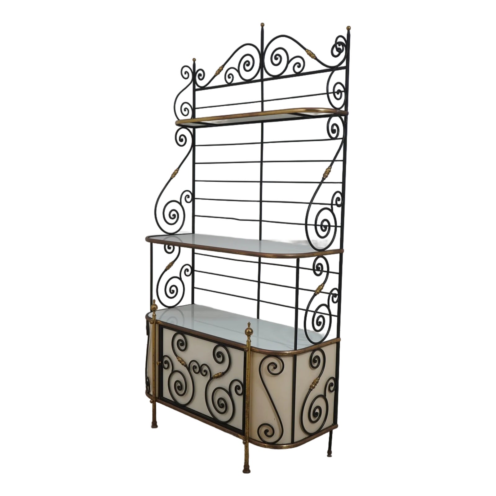 Vintage Iron & Brass Bakers Rack W. Milk Glass Shelves | Chairish