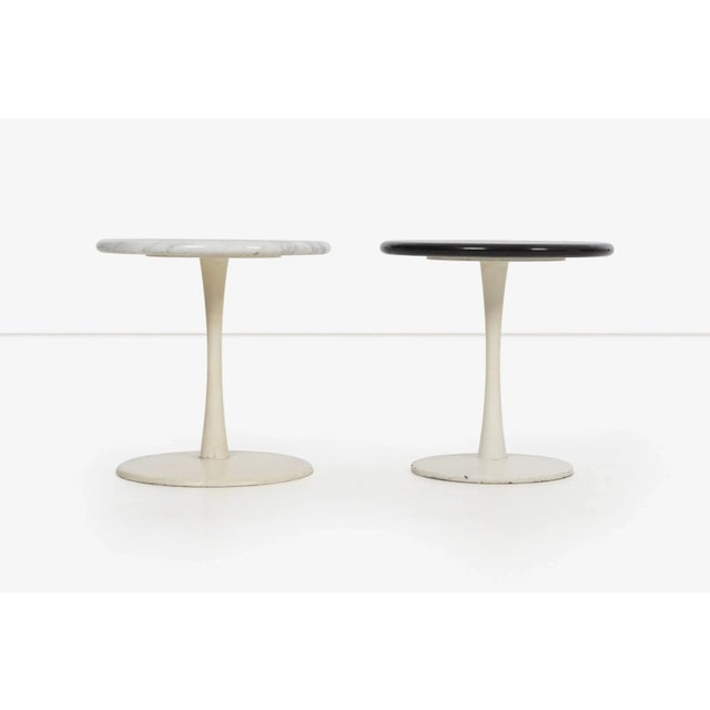 Pair of Laverne Stem tables for Laverne International, models ST-12 and ST-2 weighted cast iron bases matte white finish...
