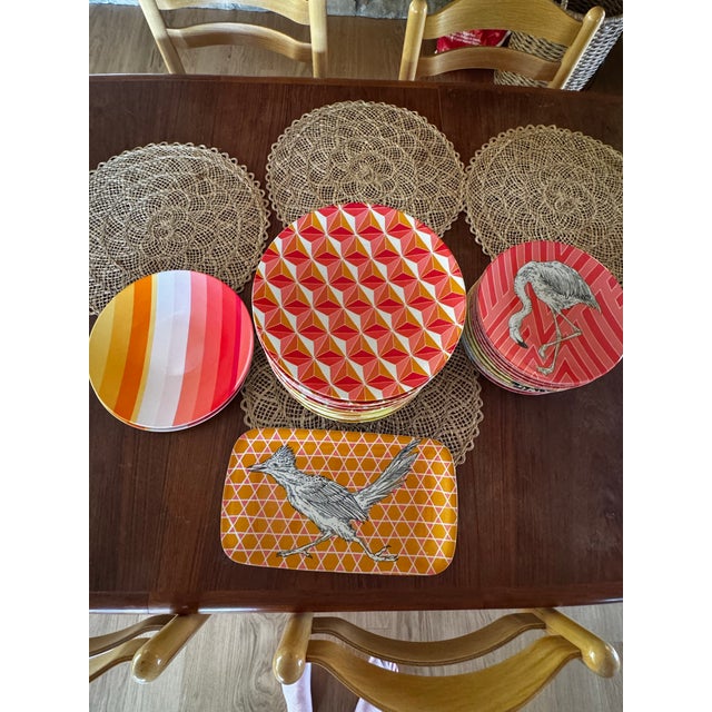 Set of 35 bio bamboo fiber melamine plates with colorful geometric prints and animal illustrations. These eye-catching...