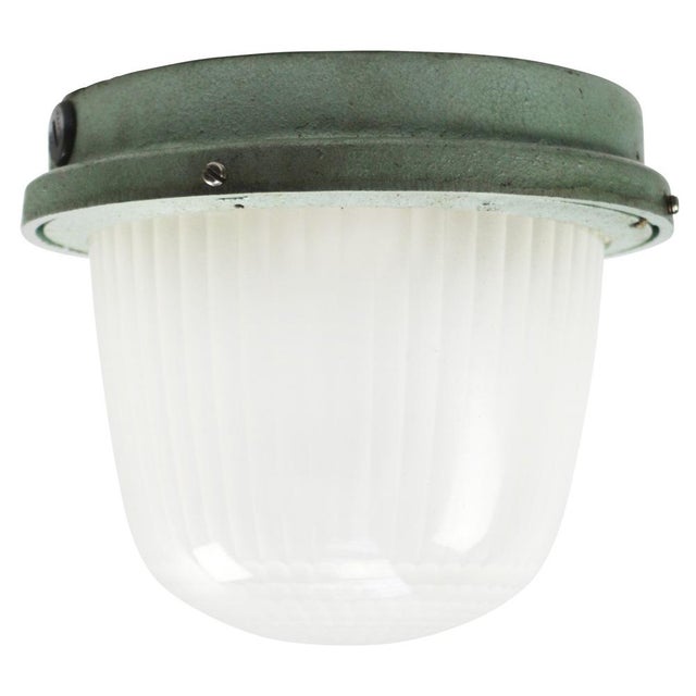 Vintage Industrial French Green Cast Iron and Frosted Cut Glass Flush Mount by Holophane For Sale - Image 7 of 7