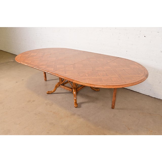 Brown Guy Chaddock English Country Rustic Oak Pedestal Extension Dining Table With Patchwork Parquet Top, Newly Refinished For Sale - Image 8 of 15