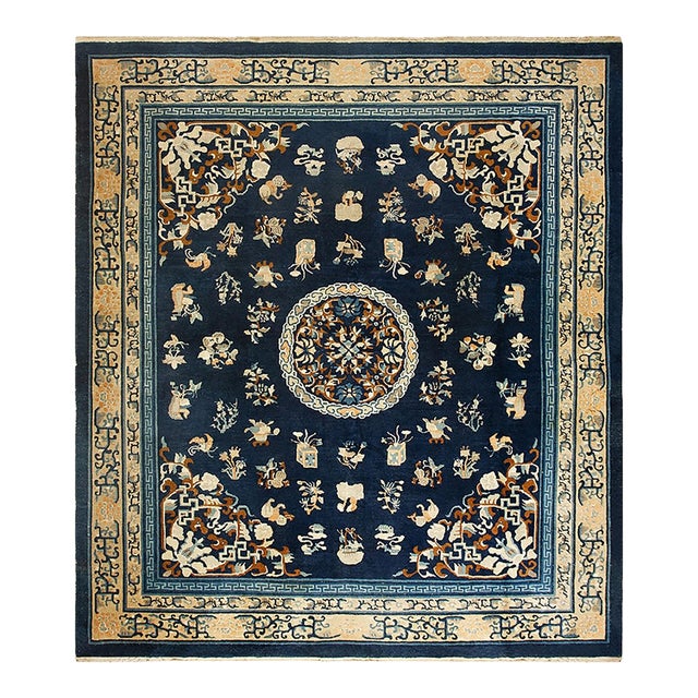 Antique Chinese Peking Floral Medallion Blue Late 19th Century 12' 1"x13' 5" Rug For Sale