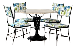 Vintage Midcentury Woodard "Florentine" Wrought Iron and Marble Upholstered Dining Set of 5