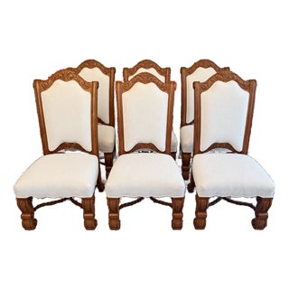 Set of 6 European Barley Twist Carved Upholstered Dining Chairs, Late 20th Century For Sale