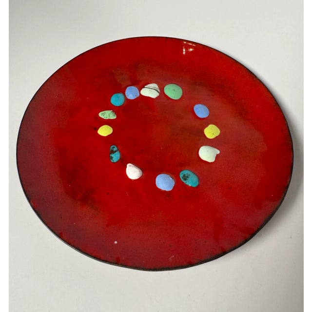 Vintage Organic Modern Red Enamel Copper Backed Decorative Plate For Sale - Image 9 of 10