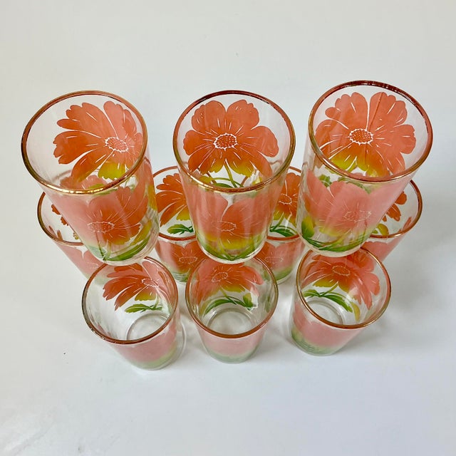 Glass 1950s Vintage Americana Boho Chic Federal Glass Company Coral Daisy Glassware -Set of 8 For Sale - Image 7 of 11