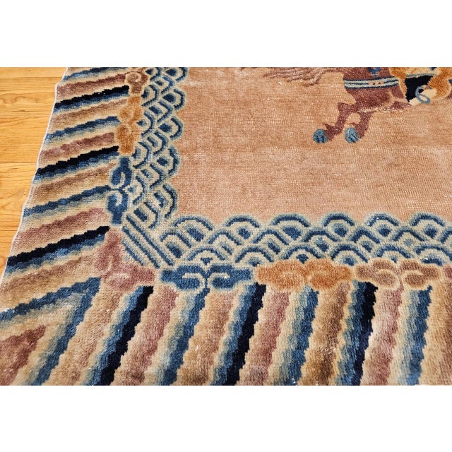 Vintage Chinese Pictorial Area Rug, Handwoven Wool on Cotton, Tan & Blue, 4' x 6' For Sale - Image 13 of 13