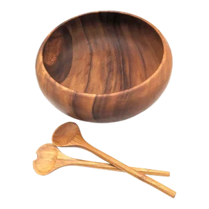 Mid 20th Century Monkey Pod Wood Bowl and Teak Wood Salad Serving Utensils, Set of 3 Pieces