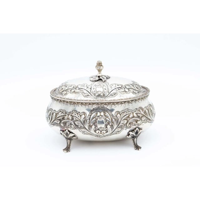 Silver Bowls with Plant Reliefs, Acorn-Shaped Lid Handle and Cut-Out Feet For Sale - Image 6 of 6