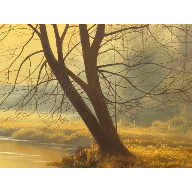 Realism Misty Golden Yellow River Landscape with Winter Trees in the English Countryside Circa 1990 For Sale - Image 3 of 17