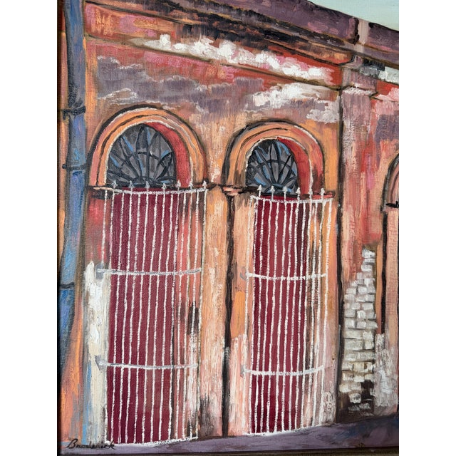 Brown Vintage Spanish Colonial Architectural Streetscape Oil on Canvas – Framed For Sale - Image 8 of 9