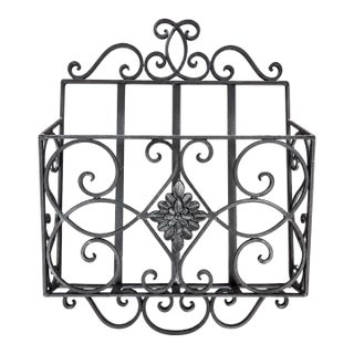 Vintage Black Wrought Iron Wall Magazine Rack | Scrollwork Wall Basket | Tuscan Farmhouse Decor For Sale
