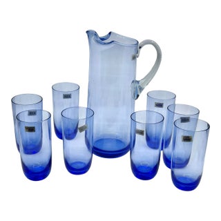 Vintage 1970s Light Blue Colony Hand Blown Glass Pitcher and Glasses- A Set of 9 For Sale
