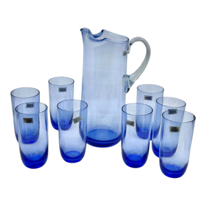 Vintage 1970s Light Blue Colony Hand Blown Glass Pitcher and Glasses- A Set of 9