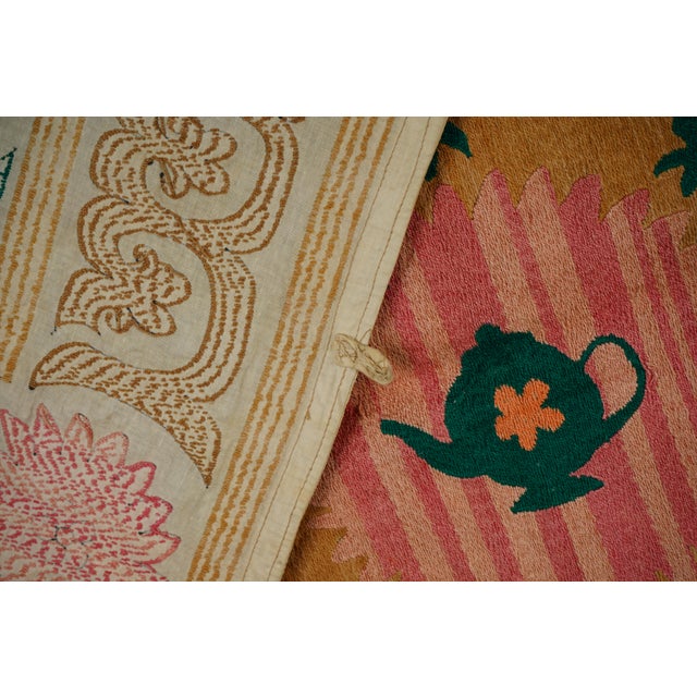 Boho Decor Suzani Panel | Large Terracotta & Teal Embroidery Bed or Sofa Throw 4'3'' X 4'5'' For Sale - Image 10 of 11