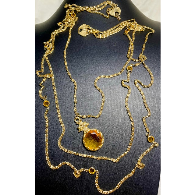 MCM Jewelry by Goldette Signature Style Victorian Revival Multi-Strand Necklace With Enormous Amber Crystal Fob Pendant For Sale - Image 12 of 12